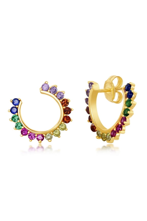 TheJewelryHut Designer Sterling Silver Rainbow CZ Open Hoop Stud Earrings - Gold Plated