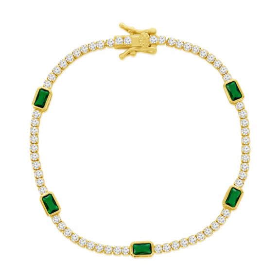 TheJewelryHut Designer Sterling Silver Rectangle Bezel-Set & Round CZ Gold Plated Bracelet - Emerald