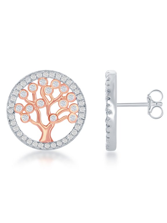 TheJewelryHut Designer Sterling Silver Rose GP CZ Round Tree Earrings