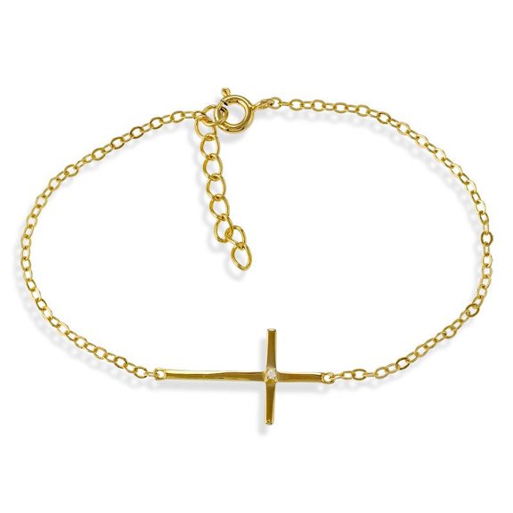 TheJewelryHut Designer Sterling Silver Single CZ Sideways Cross Bracelet - Gold Plated