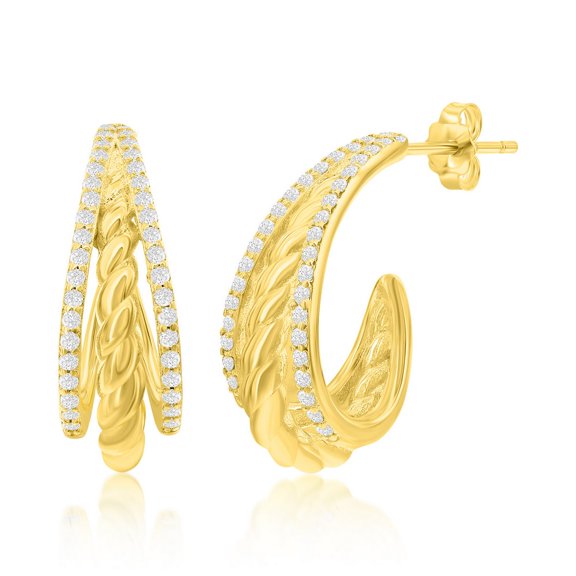 TheJewelryHut Designer Sterling Silver; Triple Row CZ & Twist Design Half Hoop Earrings - Gold Plated