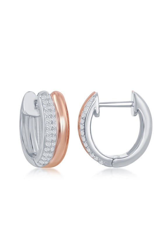 TheJewelryHut Designer Sterling Silver Two-Tone Rose Gold Plated Micro Pave Double Hoop Earrings