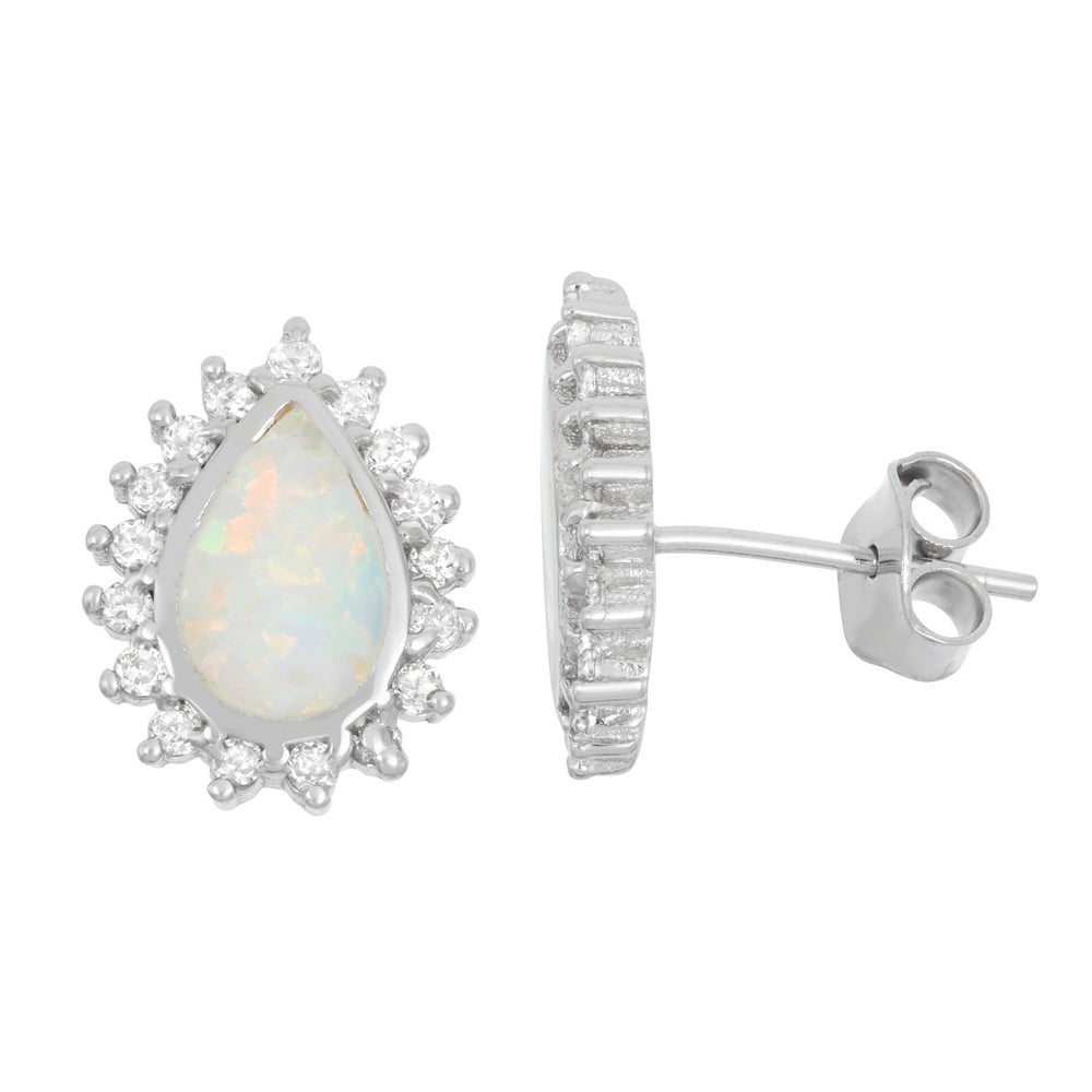 THE JEWELRY HUT TheJewelryHut Designer Sterling Silver White Inlay Opal Teardrop with CZ Border Stud Earrings