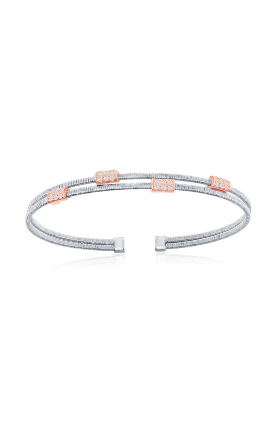 TheJewelryHut Designer Sterling Silver Wire Designer Bangle, Set with CZ, Bonded with 14K Rose Gold, MADE IN ITALY