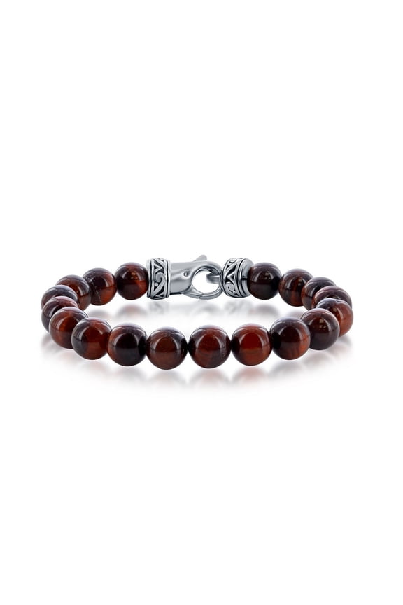 TheJewelryHut Designer Sterling Steel Genuine Red Tiger Eye 10mm Bead Bracelet