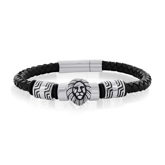 TheJewelryHut Designer Sterling Steel Oxidized Lion, Genuine Leather Bracelet