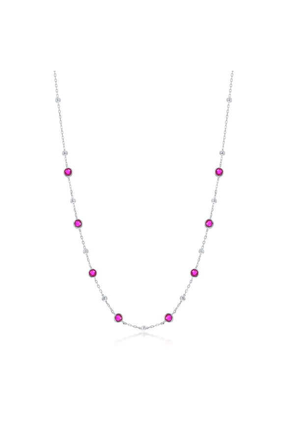 TheJewelryHut Fancy Designer Sterling Silver Bezel-Set CZ & Bead Station Necklace - Ruby