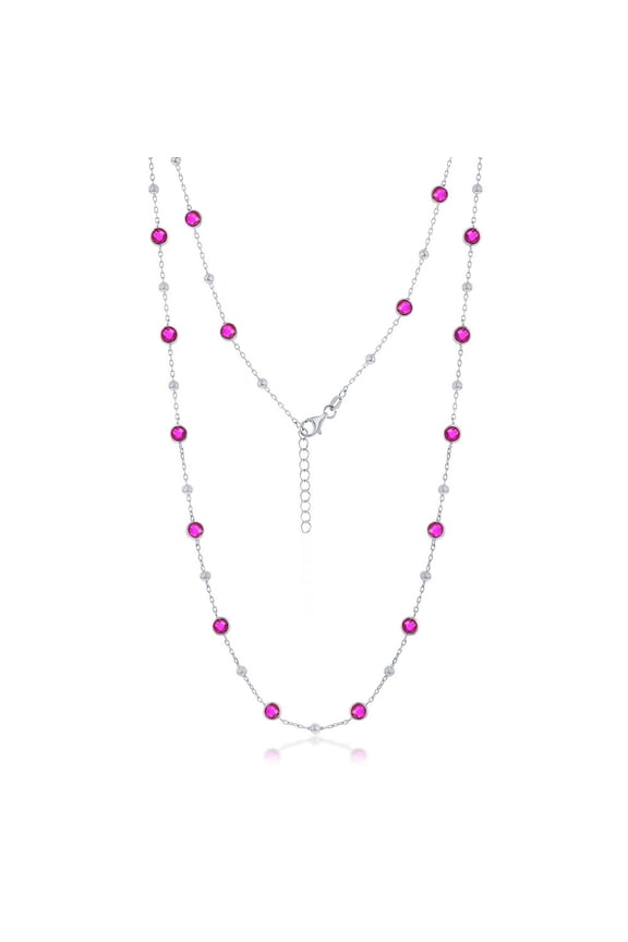 TheJewelryHut Fancy Designer Sterling Silver Bezel-Set CZ & Bead Station Necklace - Ruby