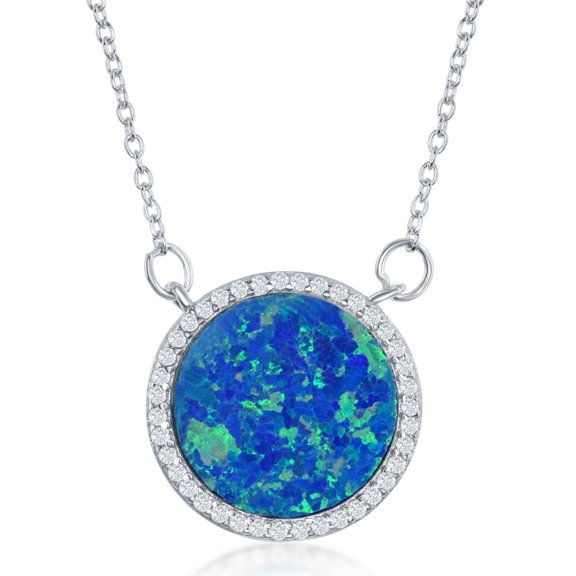 TheJewelryHut Fancy Designer Sterling Silver Blue Inlay Opal Circle with Cz Border Necklace