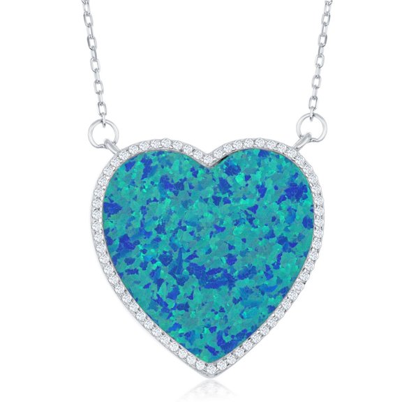 TheJewelryHut Fancy Designer Sterling Silver Blue Inlay Opal Heart with CZ Border Necklace