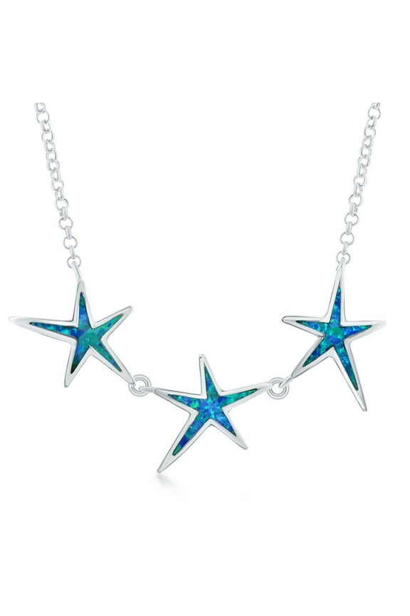 TheJewelryHut Fancy Designer Sterling Silver Blue Inlay Opal Three Linked Starfish Necklace