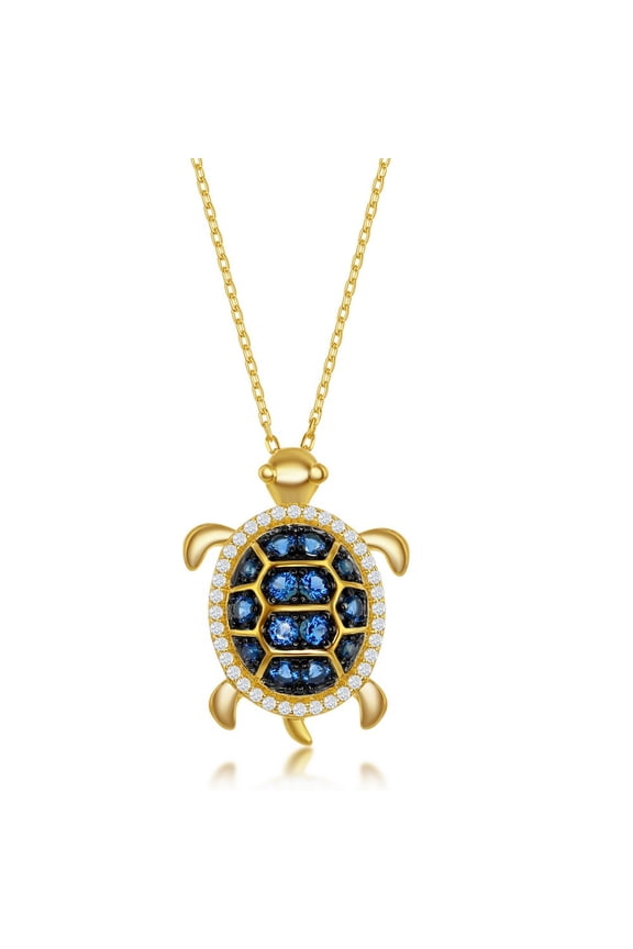TheJewelryHut Fancy Designer Sterling Silver Blue Spinel and White CZ Turtle Necklace - Gold Plated