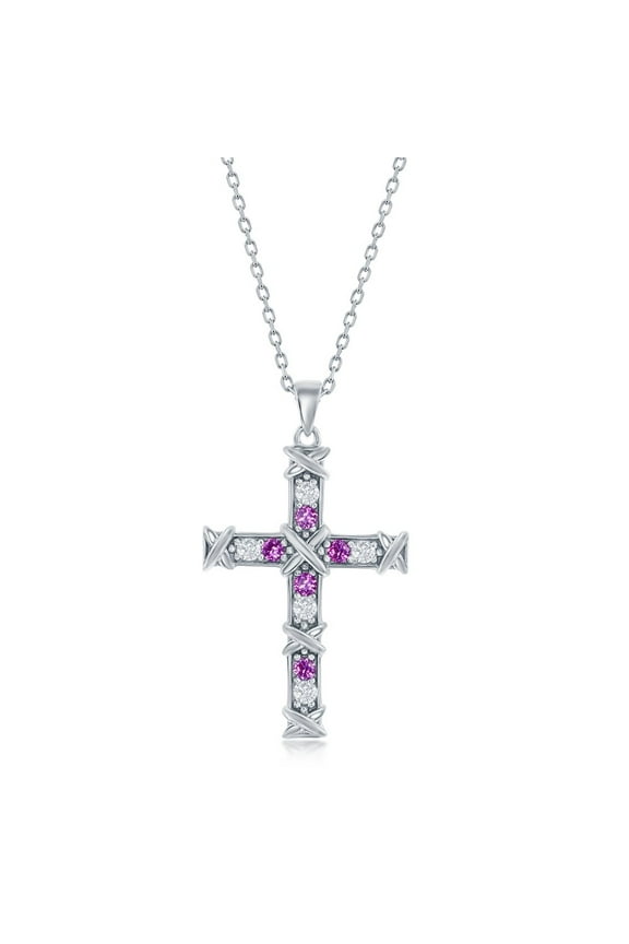 TheJewelryHut Fancy Designer Sterling Silver CZ Cross Necklace - Pink Topaz CZ