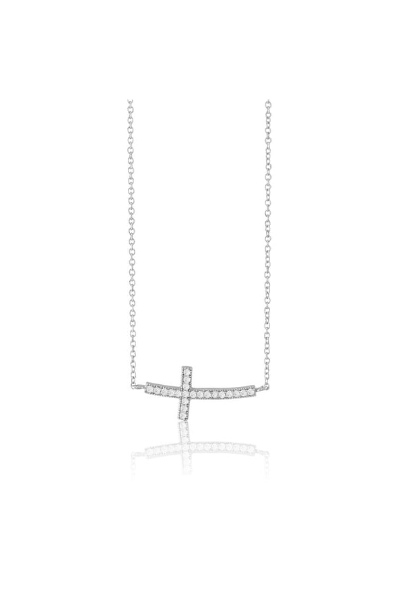 TheJewelryHut Fancy Designer Sterling Silver CZ Rhodium Curved Sideways Cross Necklace