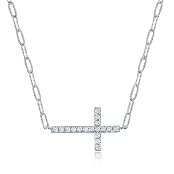 TheJewelryHut Fancy Designer Sterling Silver CZ Sideways Cross Paperclip Necklace