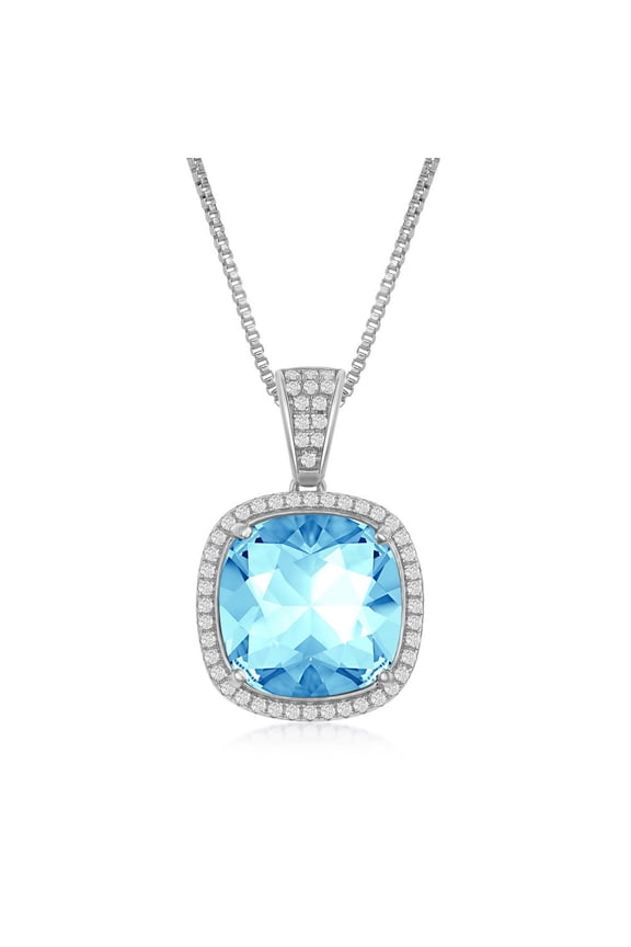 TheJewelryHut Fancy Designer Sterling Silver CZ and 12mm Cushion Square Aqua Swarovski Element Necklace