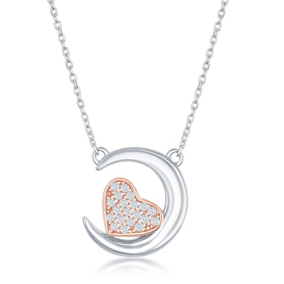 TheJewelryHut Fancy Designer Sterling Silver Crescent Moon with Rose Gold Plated CZ Heart Necklace
