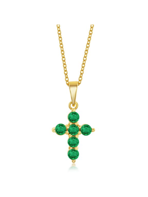 TheJewelryHut Fancy Designer Sterling Silver Cross Necklace - Emerald - Gold Plated