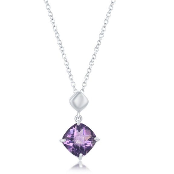 TheJewelryHut Fancy Designer Sterling Silver Four-Prong Cushion-Cut Square GEM Necklace - Amethyst