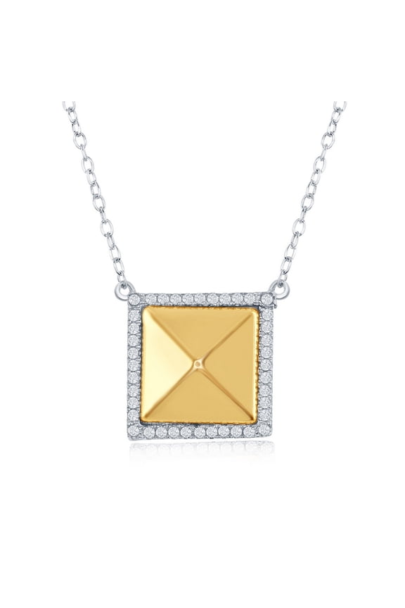 TheJewelryHut Fancy Designer Sterling Silver GP Pyramid Style Square with CZ Border Necklace
