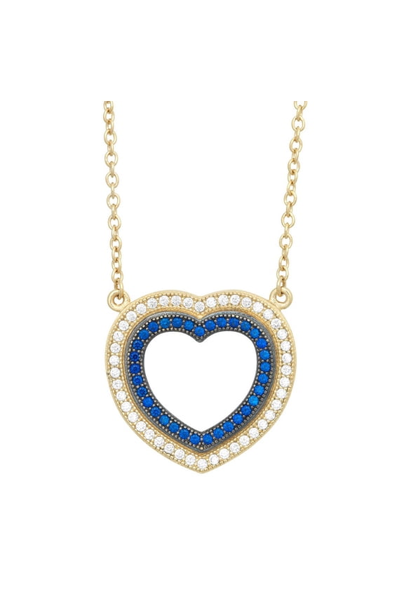 TheJewelryHut Fancy Designer Sterling Silver GP Saphirre and White CZ Double Open Micro Pave Heart Necklace