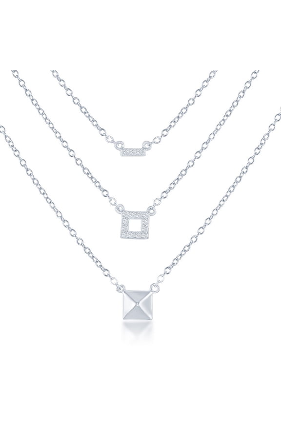 TheJewelryHut Fancy Designer Sterling Silver Graduating Triple Chain with CZ Necklace