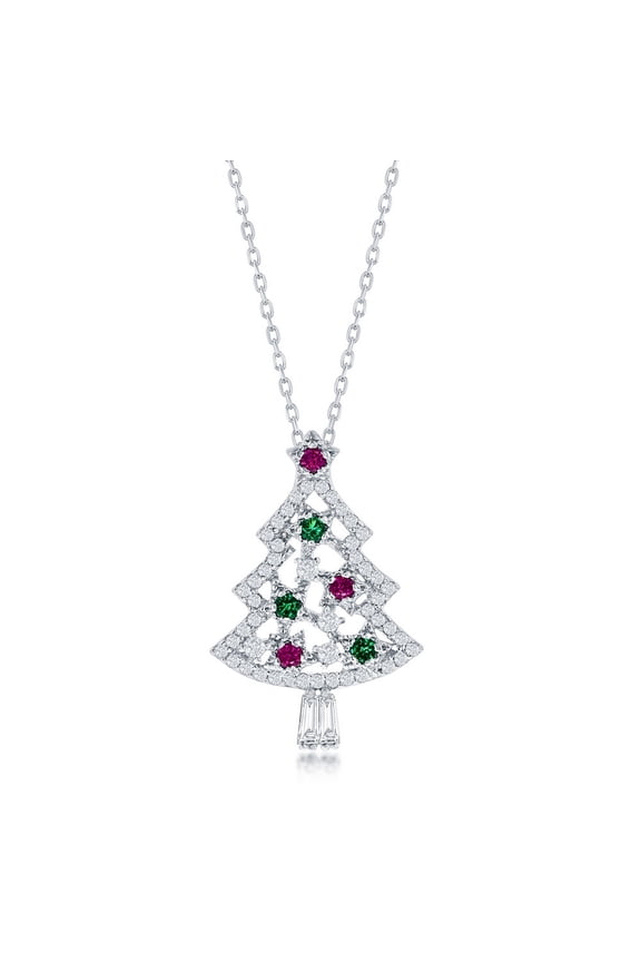 TheJewelryHut Fancy Designer Sterling Silver Green, Red & White Christmas Tree Necklace