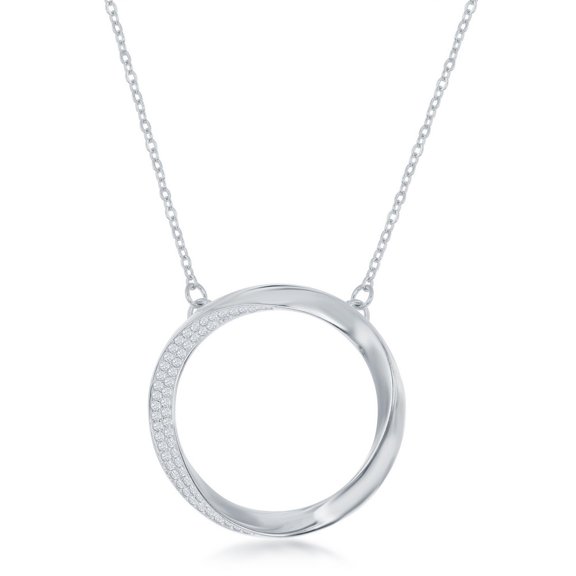 TheJewelryHut Fancy Designer Sterling Silver Half Micro-Pave Twisted Open Circle Necklace