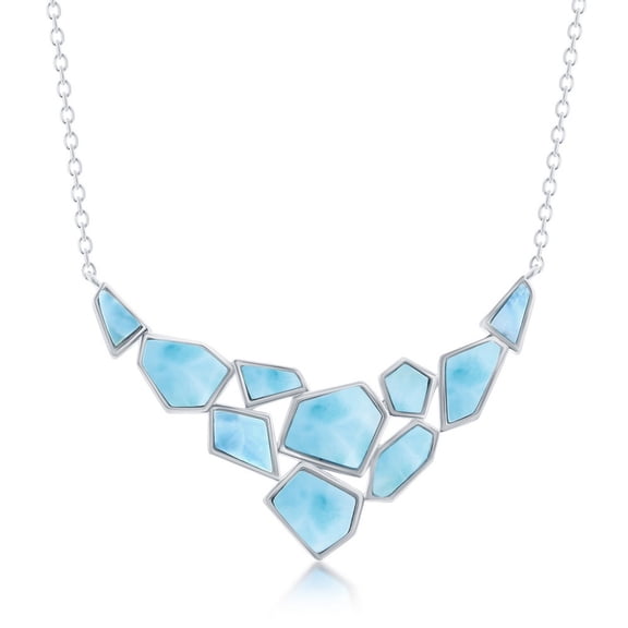TheJewelryHut Fancy Designer Sterling Silver Large Hexagon & Small Multi-Shaped Larimar Necklace