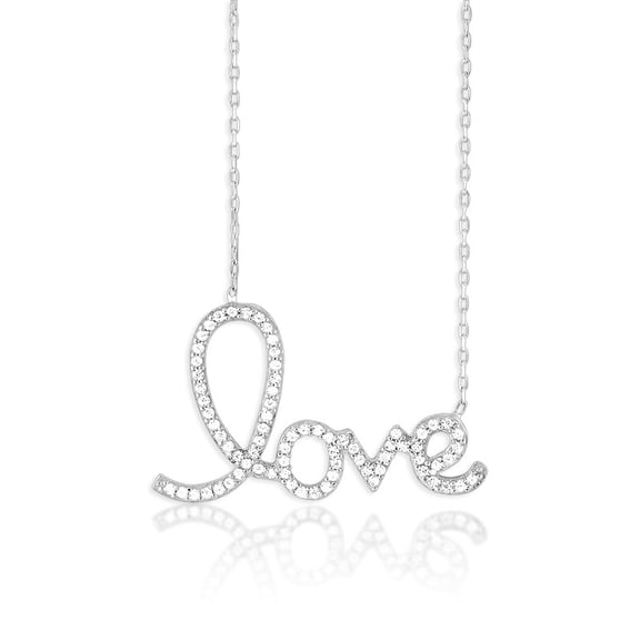 TheJewelryHut Fancy Designer Sterling Silver Large LOVE Script CZ Necklace