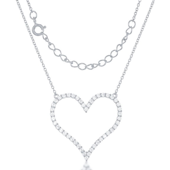 TheJewelryHut Fancy Designer Sterling Silver Large Open CZ Heart Necklace