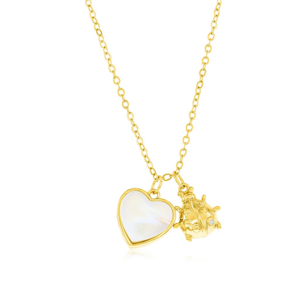 THE JEWELRY HUT TheJewelryHut Fancy Designer Sterling Silver MOP Heart & Ladybug CZ Necklace - Gold Plated