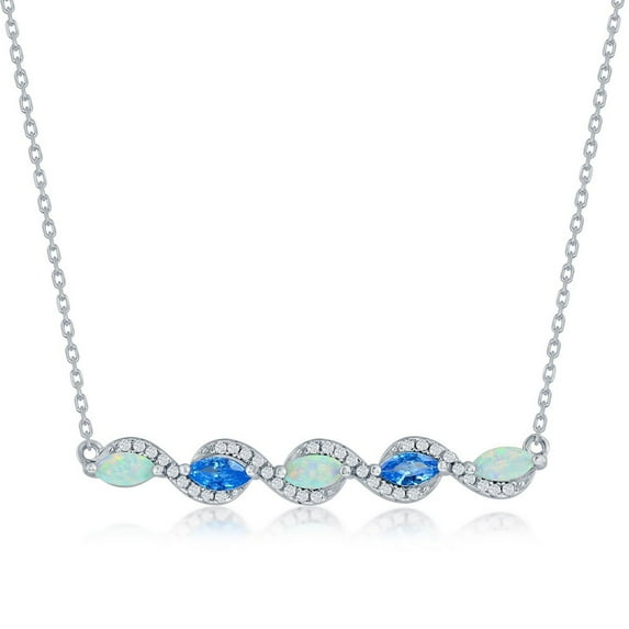 TheJewelryHut Fancy Designer Sterling Silver Marquise White Opal & Aquamarine CZ Bar Necklace