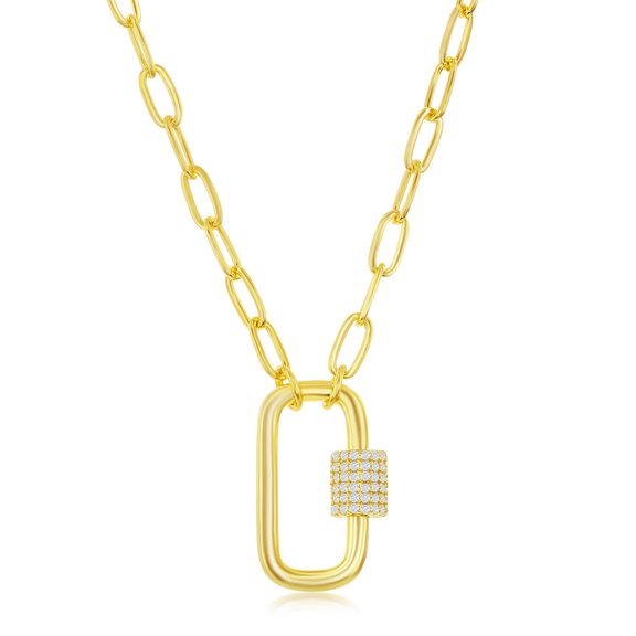 TheJewelryHut Fancy Designer Sterling Silver Micro Pave CZ Oval Carabiner Paperclip Necklace - Gold Plated