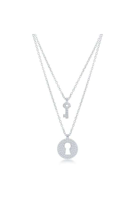 TheJewelryHut Fancy Designer Sterling Silver Micro Pave Lock and Key Double Strand Necklace