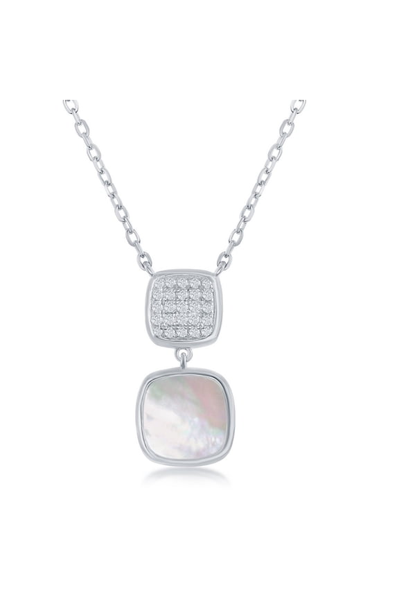 TheJewelryHut Fancy Designer Sterling Silver Micro Pave and Mother of Pearl Double Sqaure Necklace