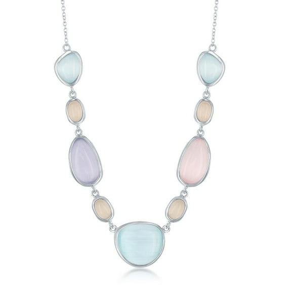 TheJewelryHut Fancy Designer Sterling Silver Multi-Shaped Tiffany Blue, Champagne, Lavender & Pink Sakura Cat's Eye Necklace