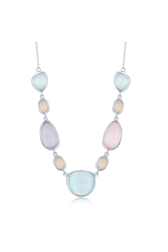 TheJewelryHut Fancy Designer Sterling Silver Multi-Shaped Tiffany Blue, Champagne, Lavender & Pink Sakura Cat's Eye Necklace
