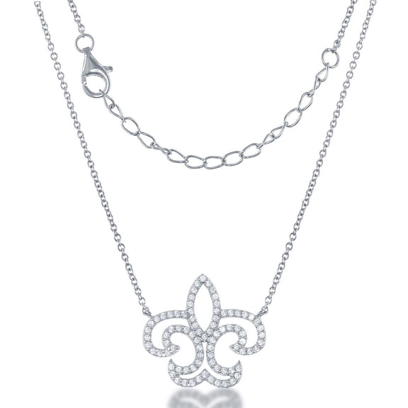TheJewelryHut Fancy Designer Sterling Silver Open CZ Fleur De Lis Necklace