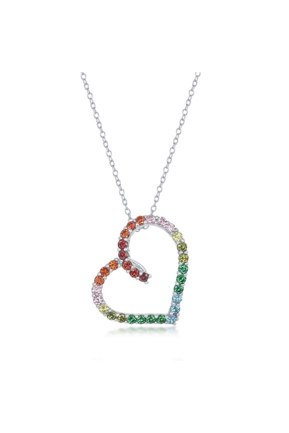 TheJewelryHut Fancy Designer Sterling Silver Open Heart Rainbow CZ Necklace