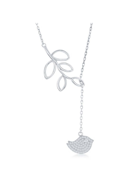 TheJewelryHut Fancy Designer Sterling Silver Open Leaf with Hanging Micro Pave Bird Lariat 'Y' Necklace