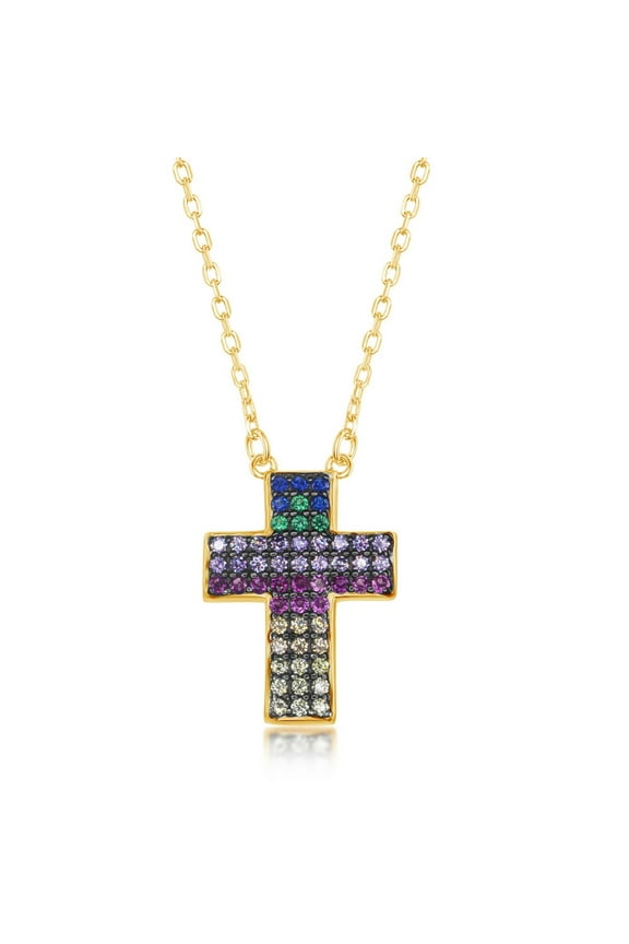 TheJewelryHut Fancy Designer Sterling Silver Rainbow CZ Cross Necklace - Gold Plated