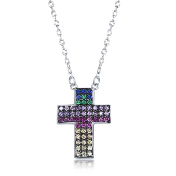 TheJewelryHut Fancy Designer Sterling Silver Rainbow CZ Cross Necklace