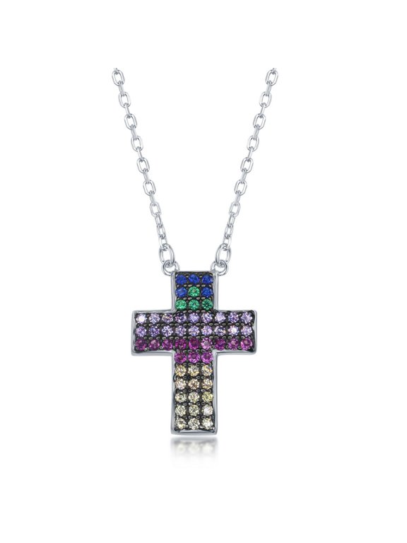 TheJewelryHut Fancy Designer Sterling Silver Rainbow CZ Cross Necklace