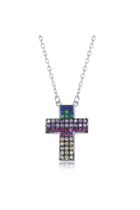 TheJewelryHut Fancy Designer Sterling Silver Rainbow CZ Cross Necklace