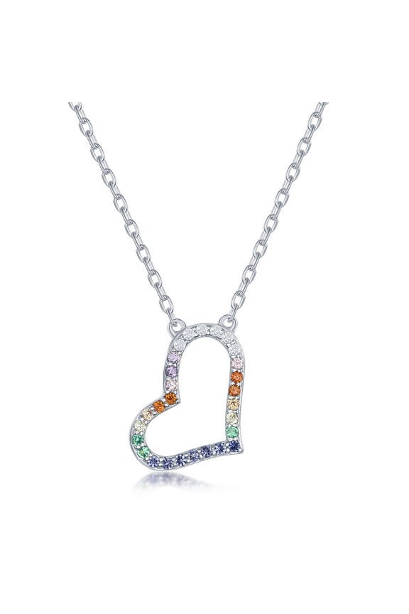 TheJewelryHut Fancy Designer Sterling Silver Rainbow CZ Sideways Heart Necklace