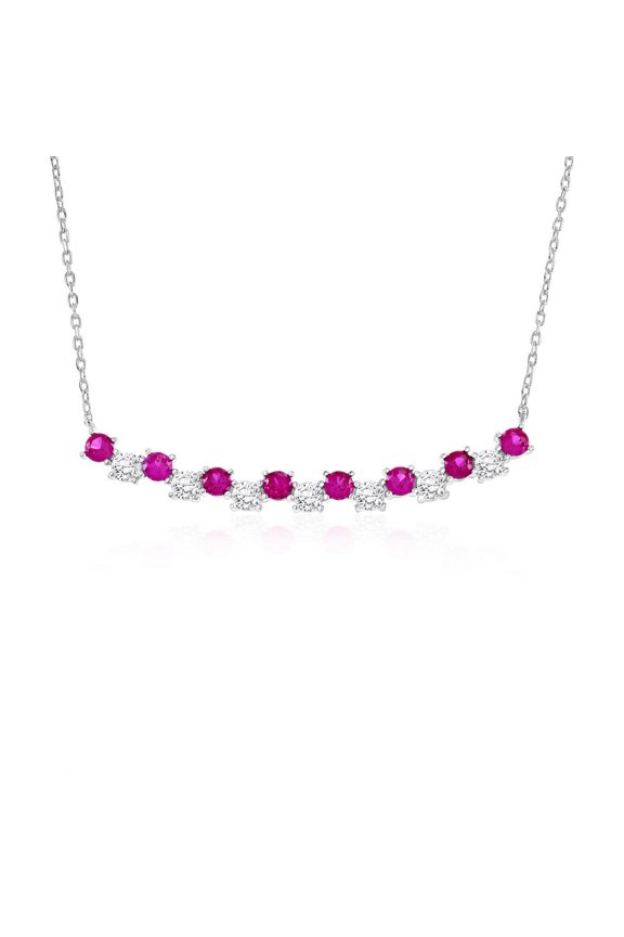 TheJewelryHut Fancy Designer Sterling Silver Round CZ Curved Bar Necklace - Ruby