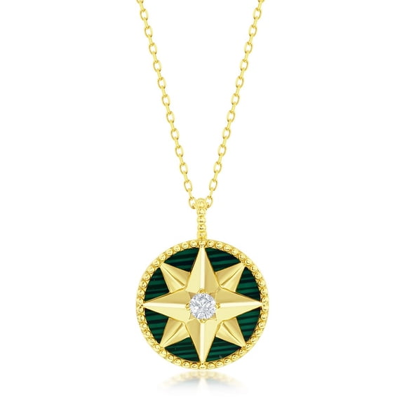 TheJewelryHut Fancy Designer Sterling Silver Round Simulated Malachite North Star, CZ Necklace - Gold Plated