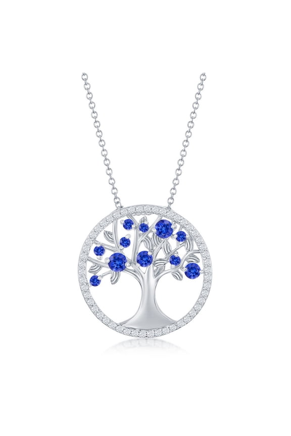 TheJewelryHut Fancy Designer Sterling Silver 'September' Birthstone Tree of Life Necklace - Sapphire CZ
