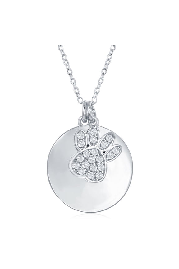 TheJewelryHut Fancy Designer Sterling Silver Shiny Disc with Micro Pave Bear Paw Necklace